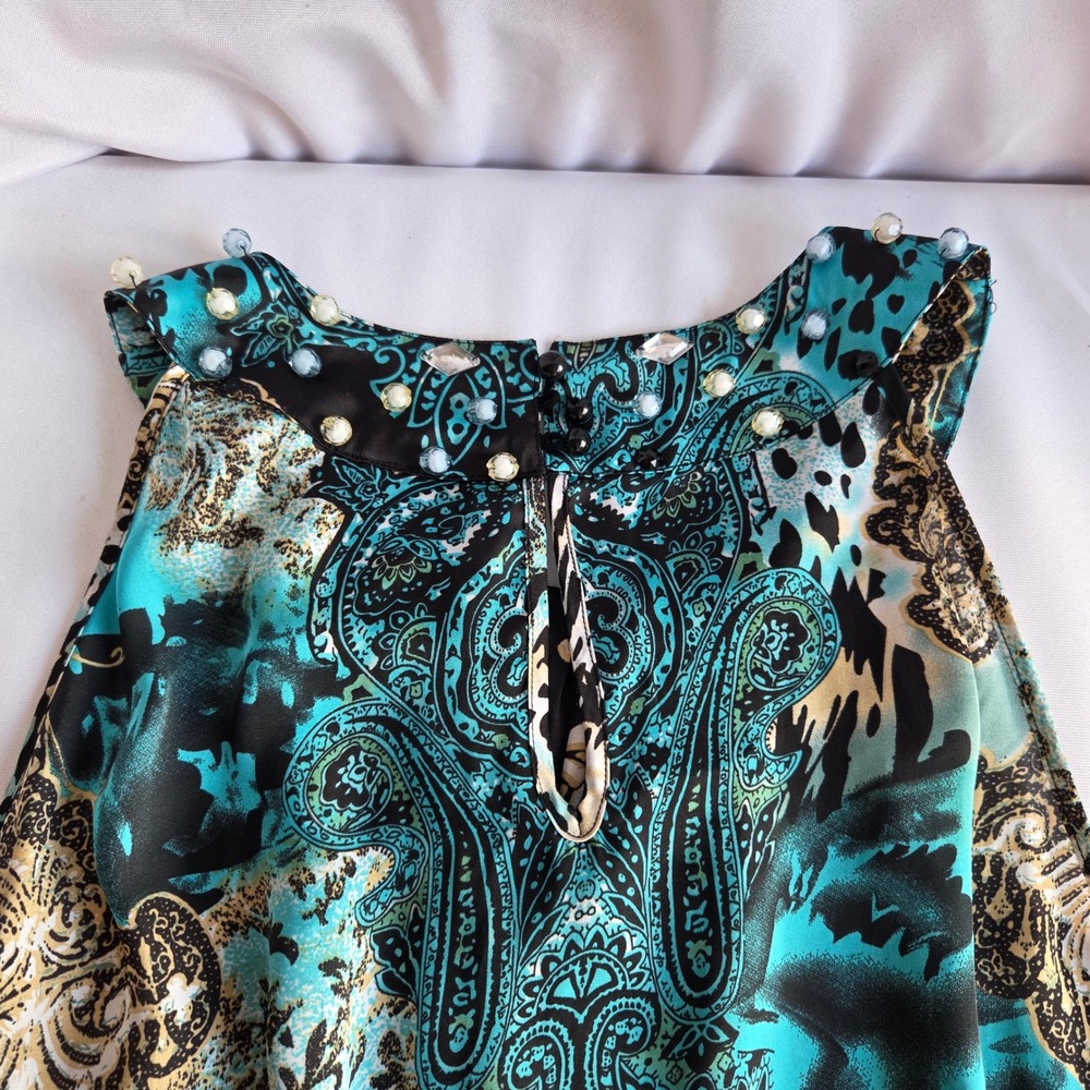 Jaipur Womens Y2K Tuscan Paisley Leopard Beaded Neck Sleeveless Blouse Blue L - Picture 6 of 8